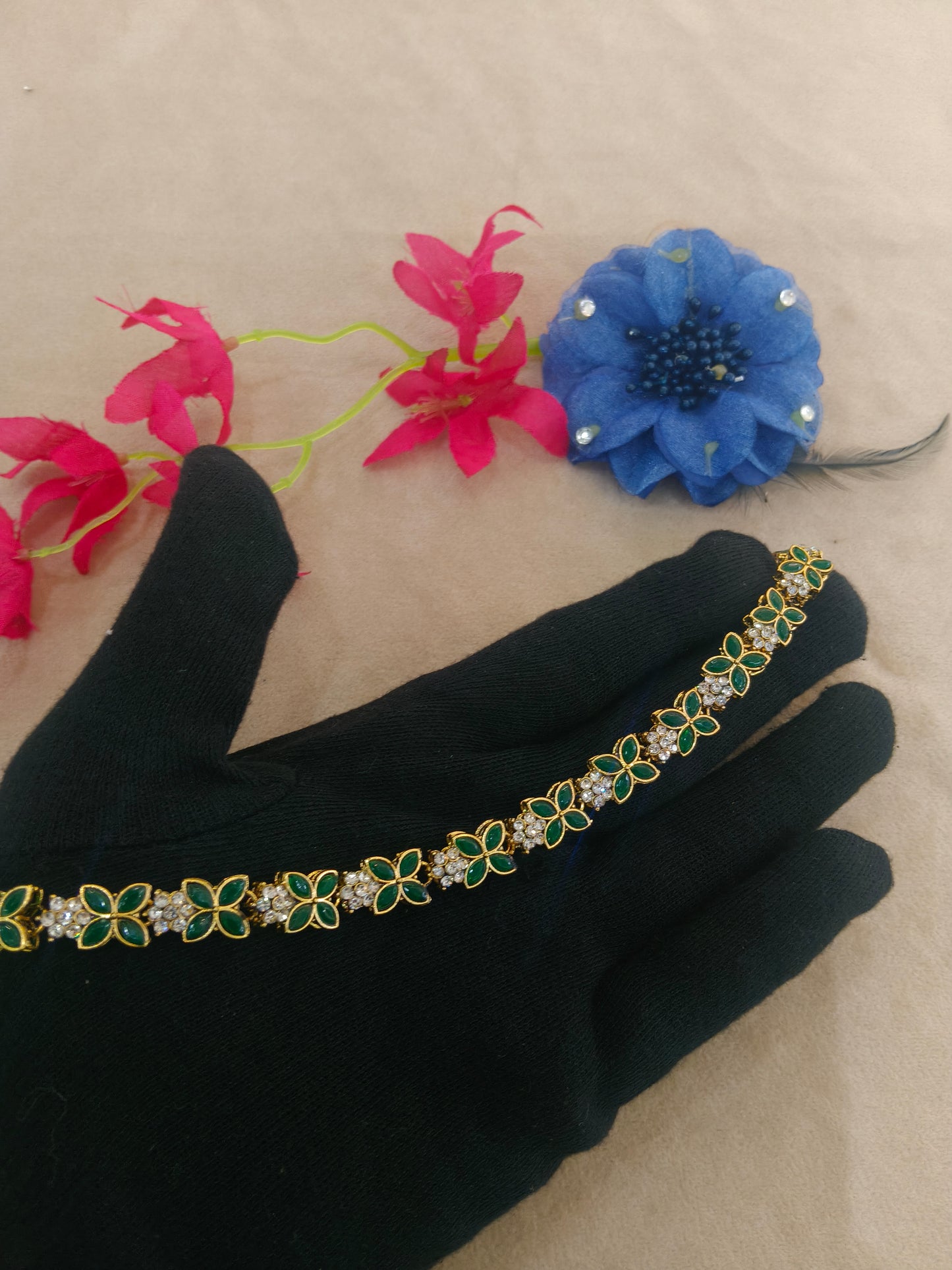 Gold Green Headpiece Matha Patti sheesh fool Head Jewellery