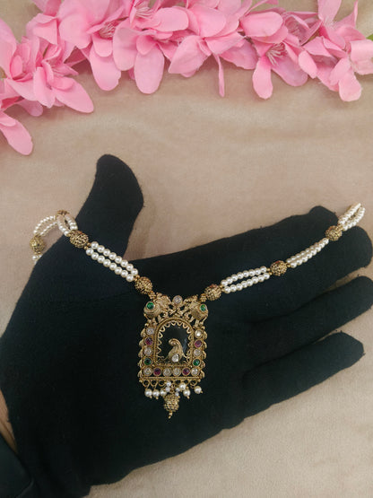 Antique Gold Runy Green Long Necklace Indian Jewellery Rutvi Set