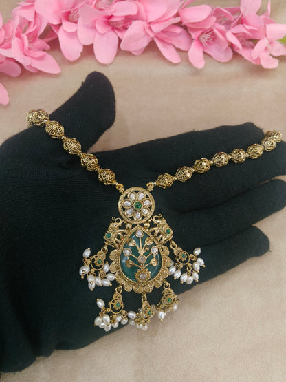 Antique Gold Sage Green Long Necklace Indian Jewellery Rutvi Set