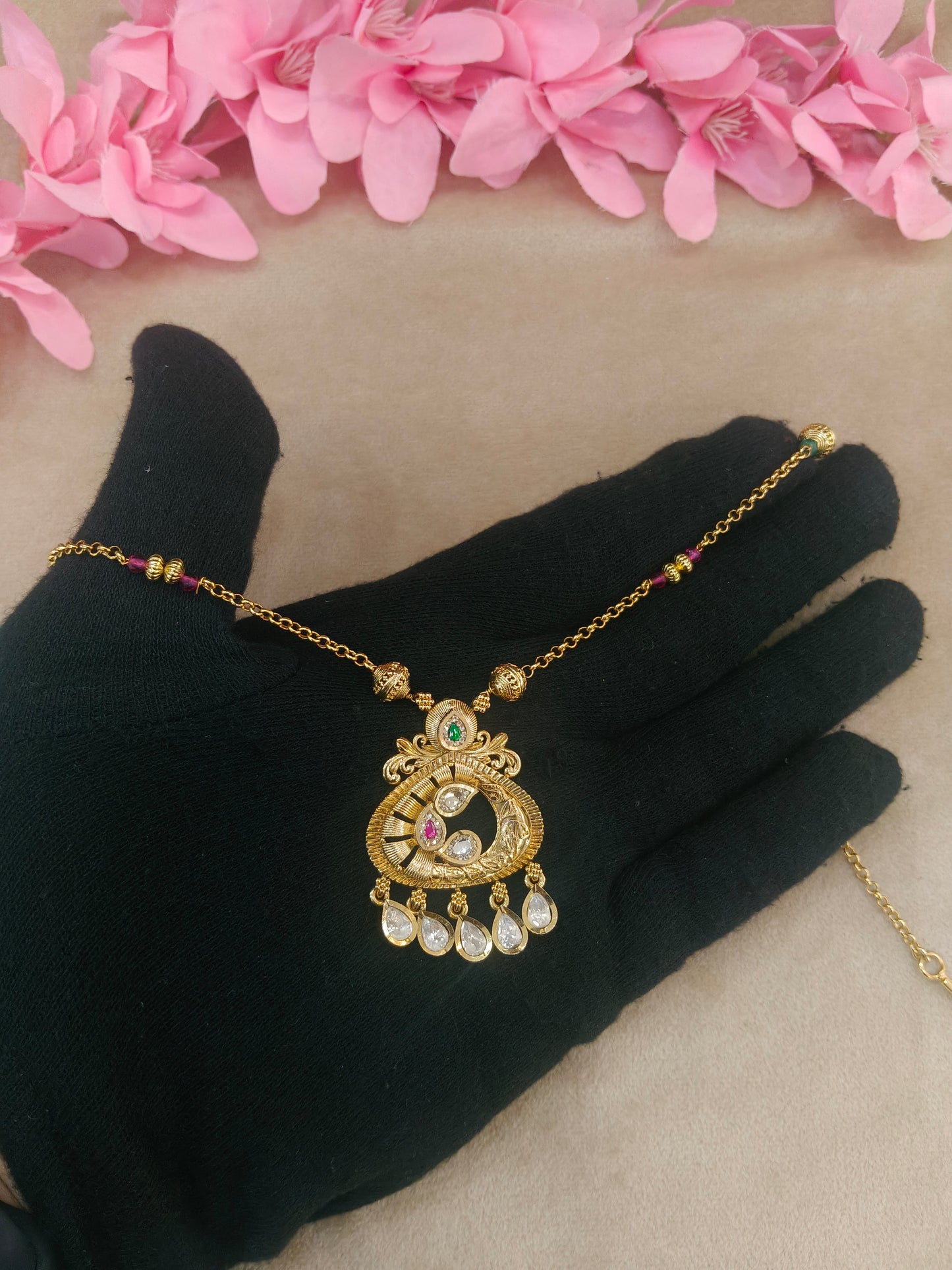 Antique Gold Ruby Green Long Necklace Indian Jewellery Rutvi Set