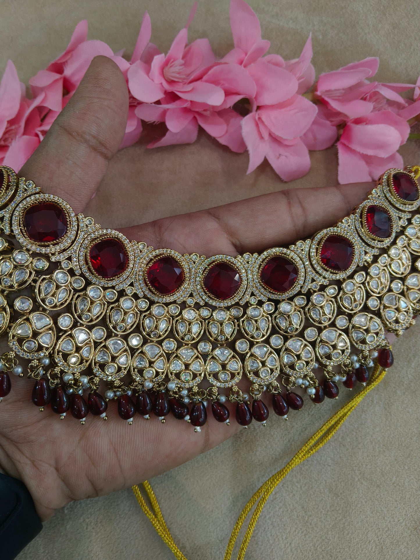 Gold Uncut Maroon kundan necklace Indian Jewellery Param Wedding Sets