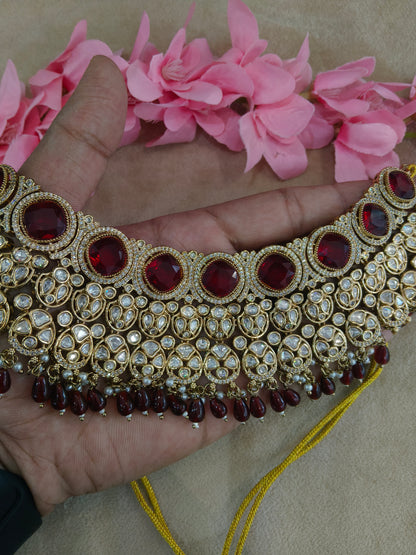 Gold Uncut Maroon kundan necklace Indian Jewellery Param Wedding Sets