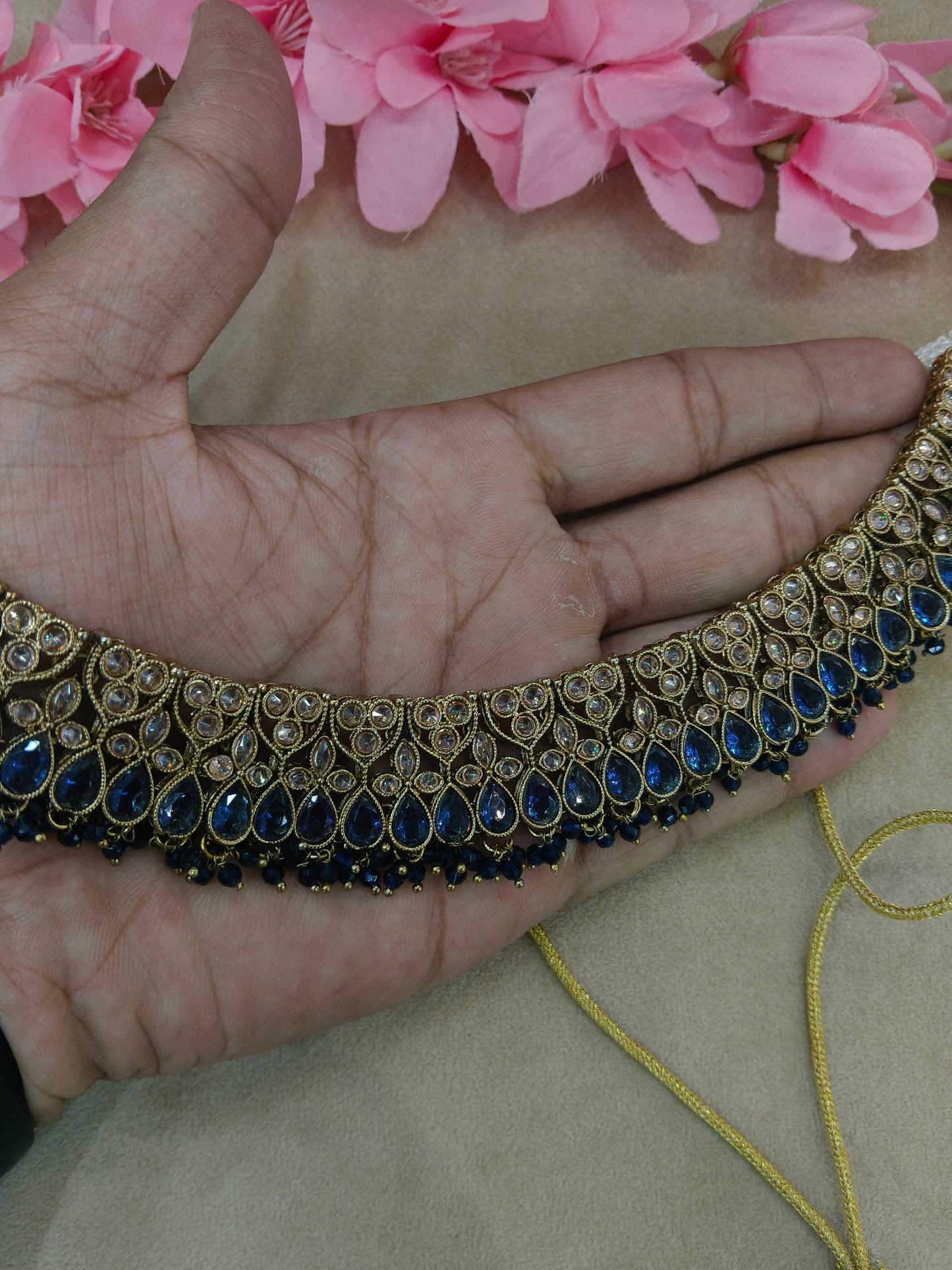 Antique Gold Blue Necklace Set/ Antique gold Indian Love Jewellery
