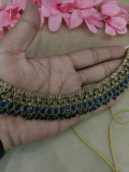 Antique Gold Blue Necklace Set/ Antique gold Indian Love Jewellery