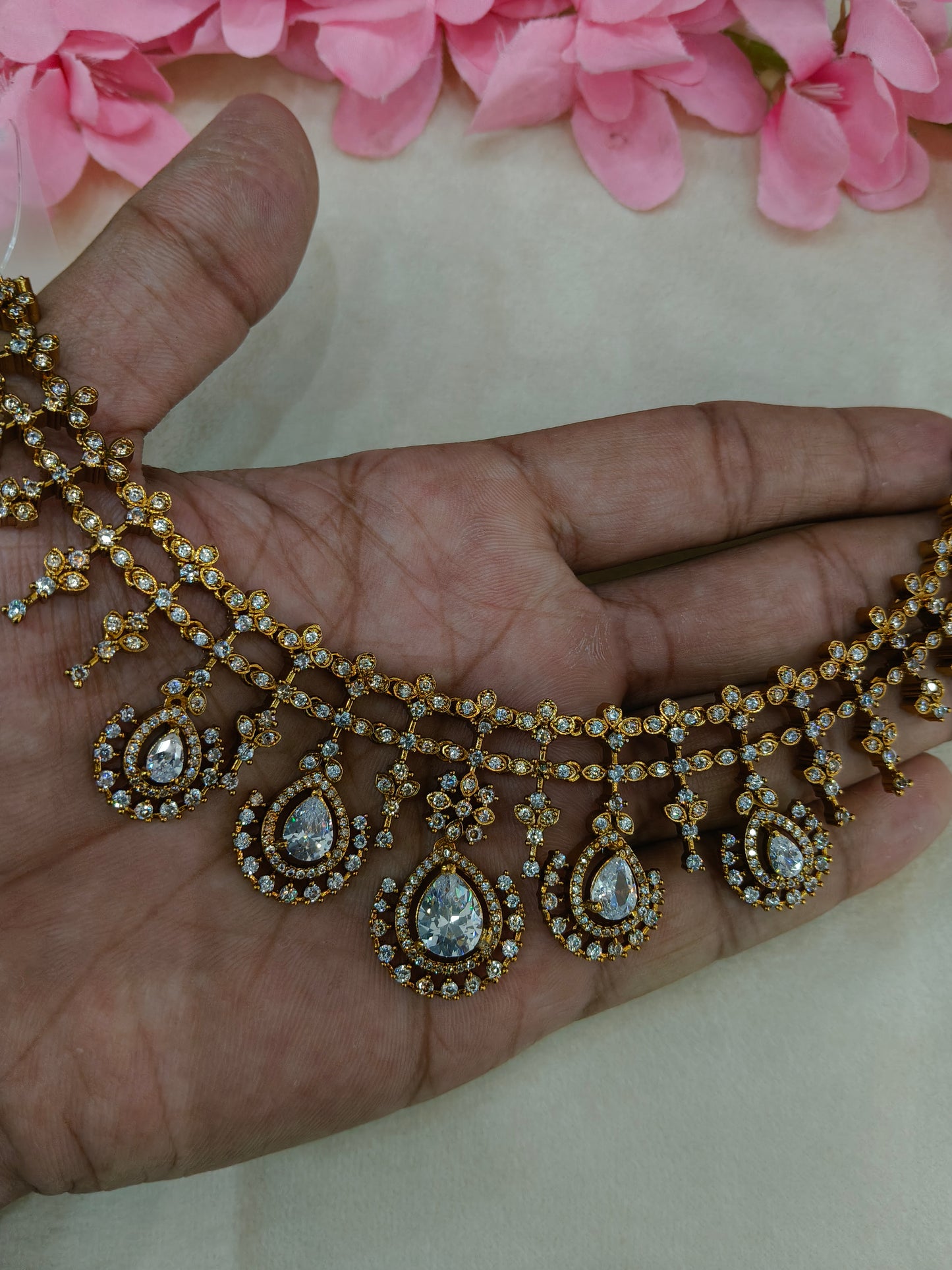 Antique Gold White CZ Necklace Indian Jewellery Pvita  Set