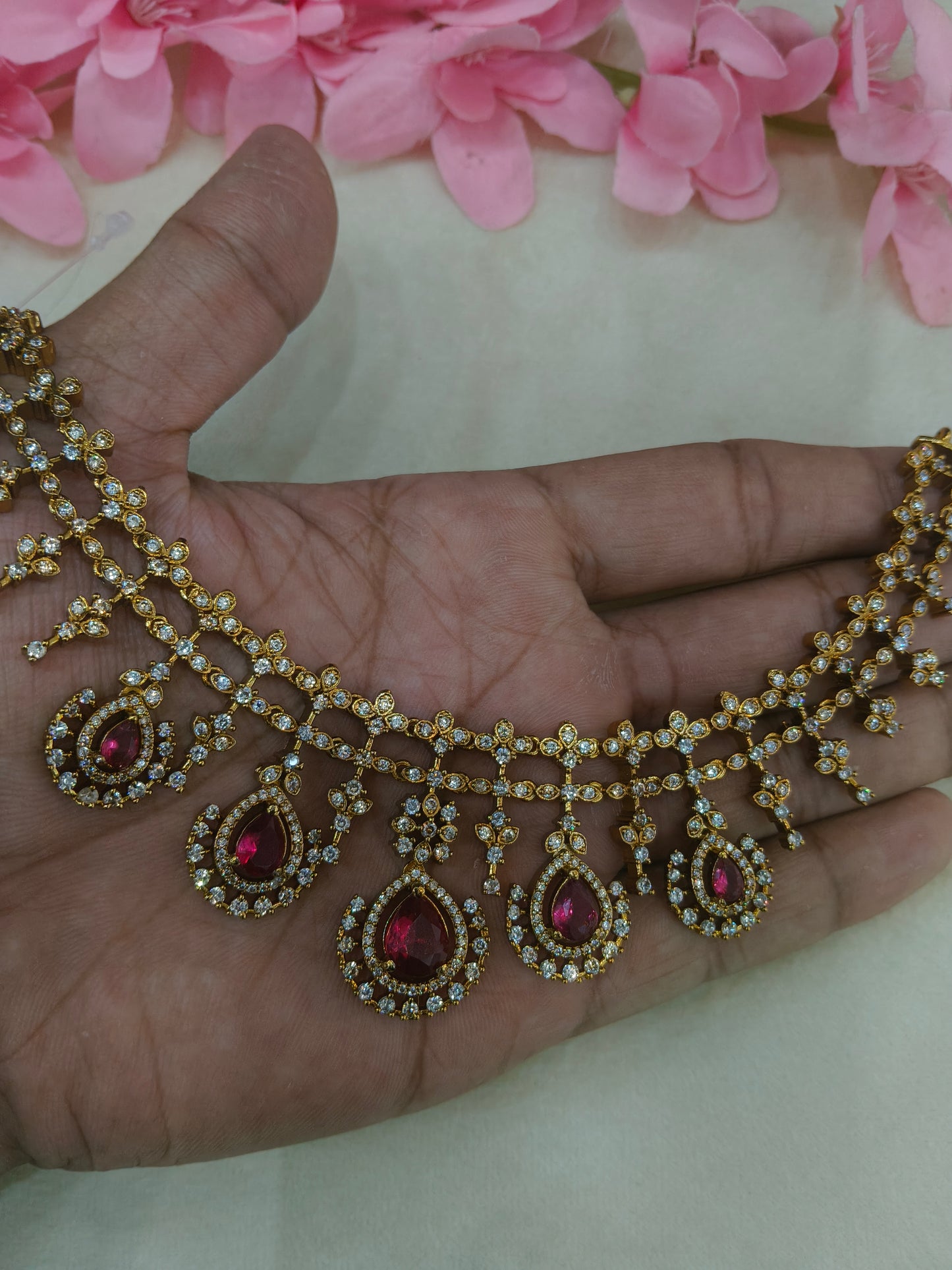 Antique Gold Ruby CZ Necklace Indian Jewellery Pvita  Set