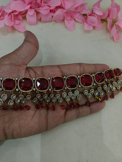 Antique Ruby CZ Stone Choker Indian Jewellery Orika Set