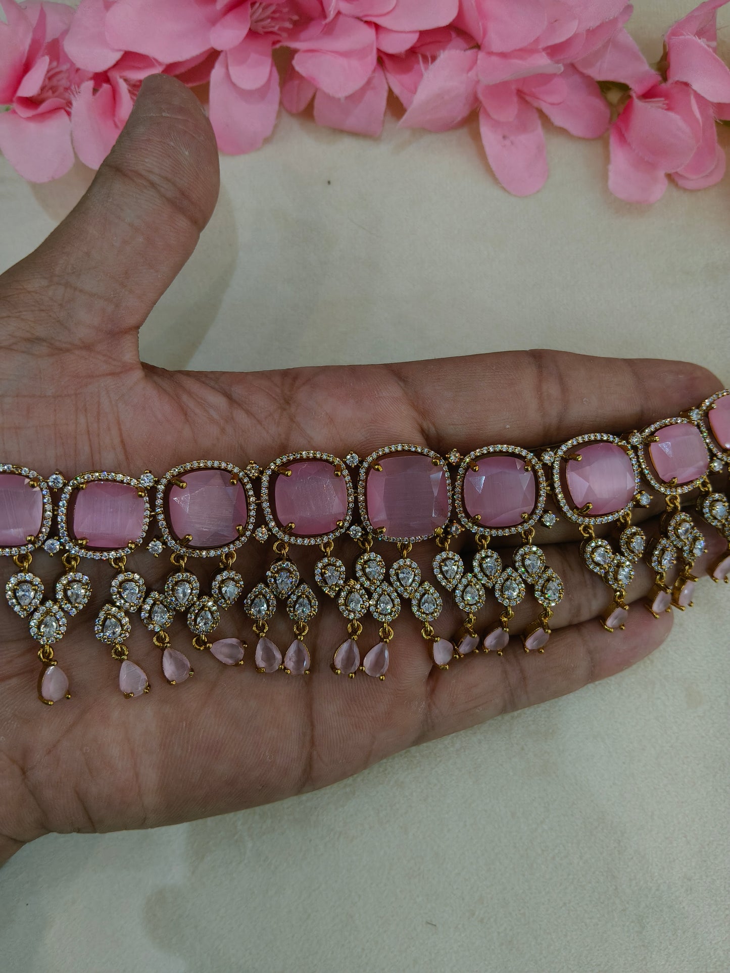 Antique Pink CZ Stone Choker Indian Jewellery Orika Set