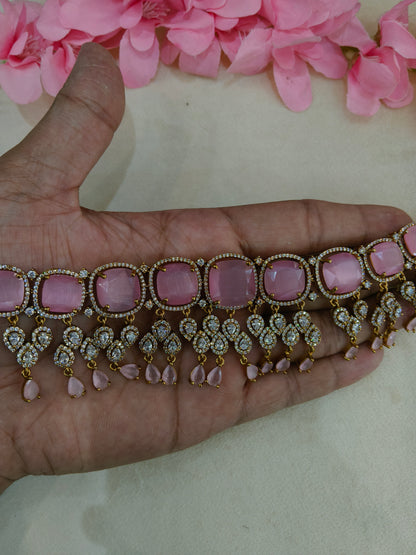 Antique Pink CZ Stone Choker Indian Jewellery Orika Set