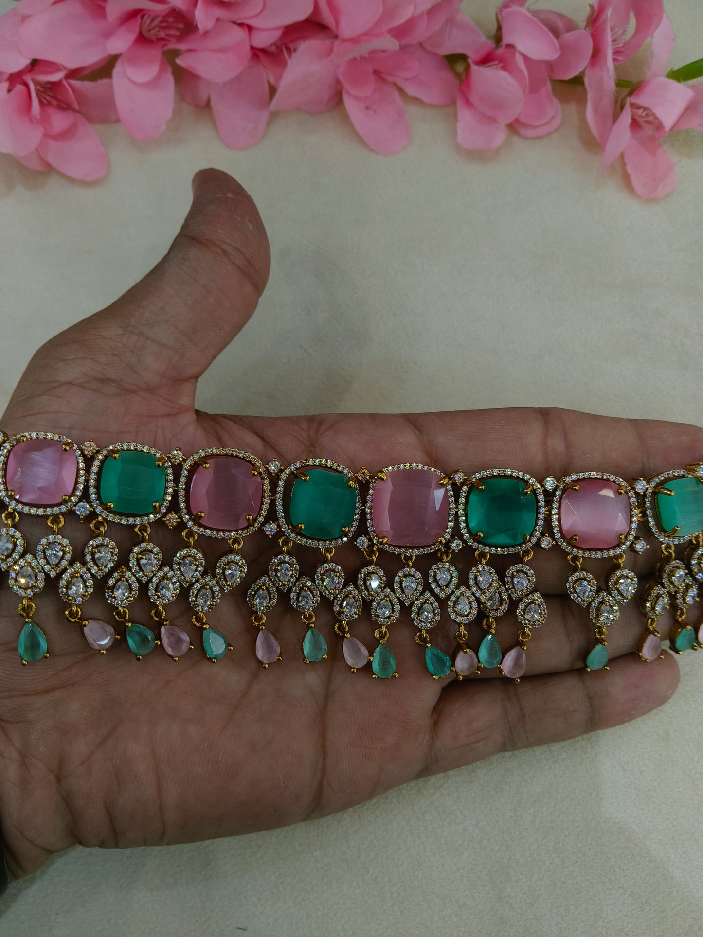 Antique Mint Pink CZ Stone Choker Indian Jewellery Orika Set