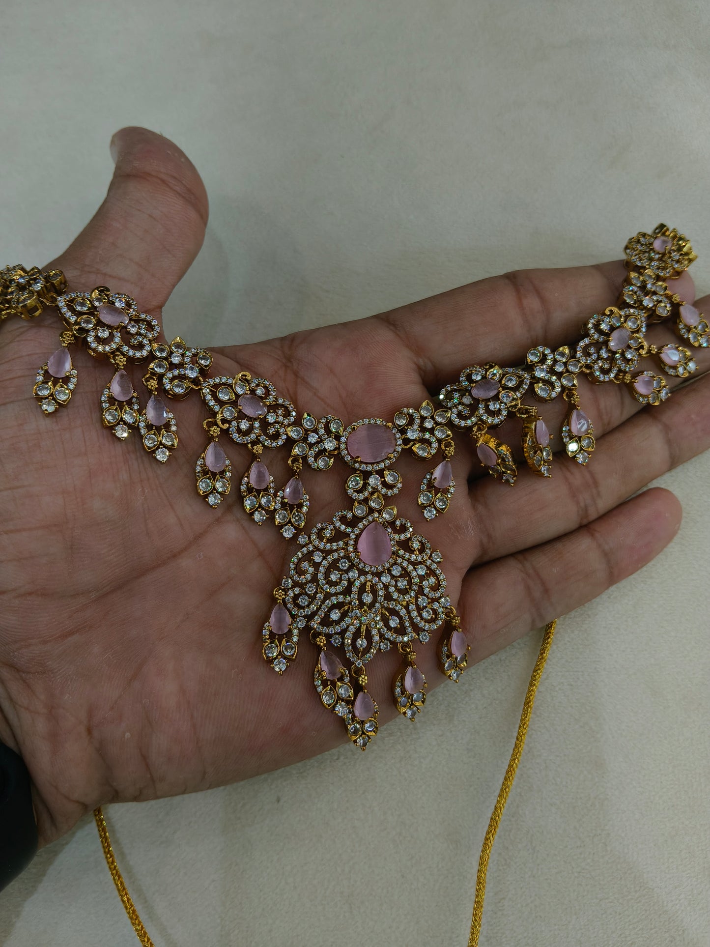 Antique Gold Pink CZ Necklace Indian Jewellery Tyra Set