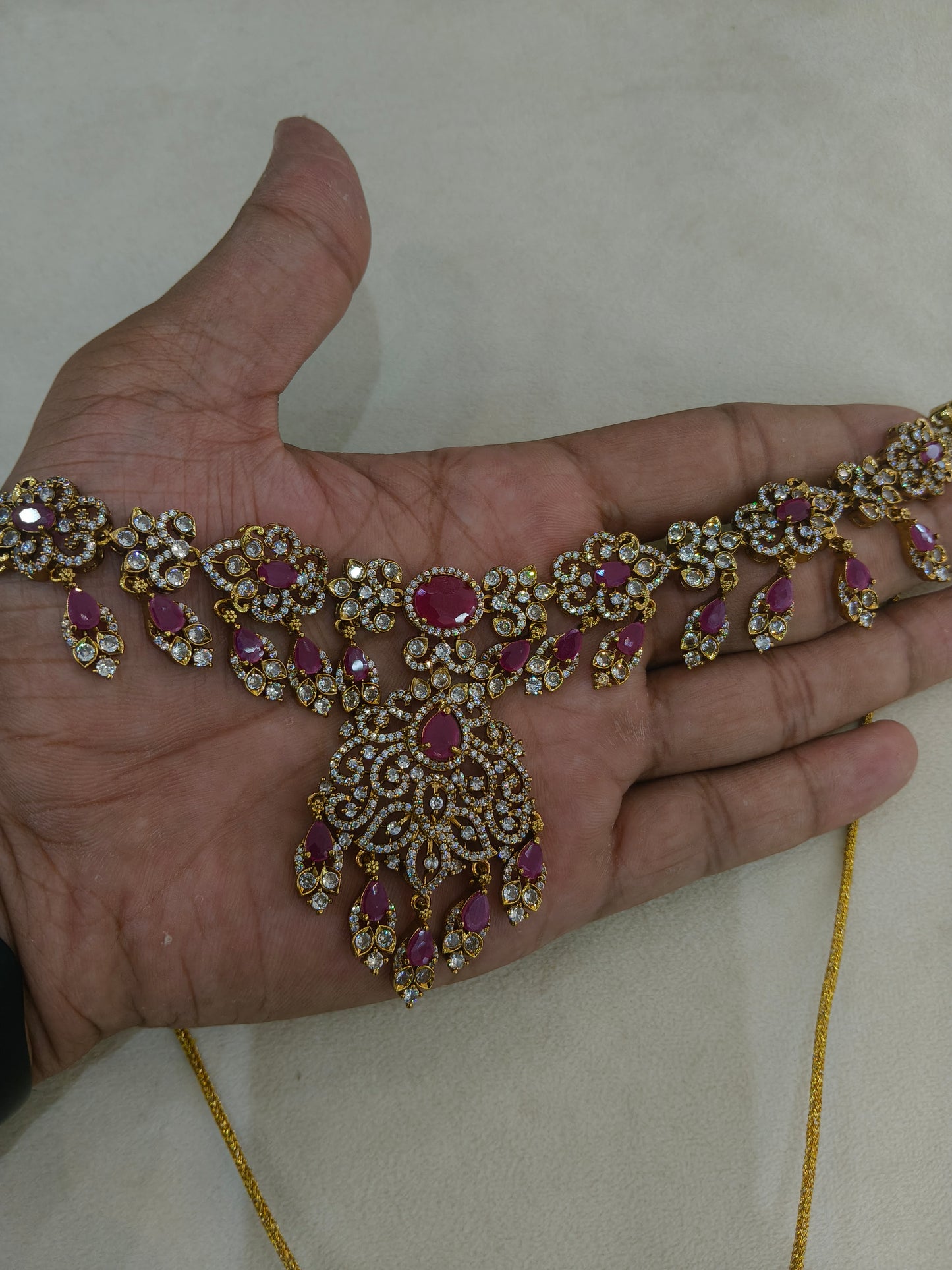 Antique Gold Majenta CZ Necklace Indian Jewellery Tyra Set