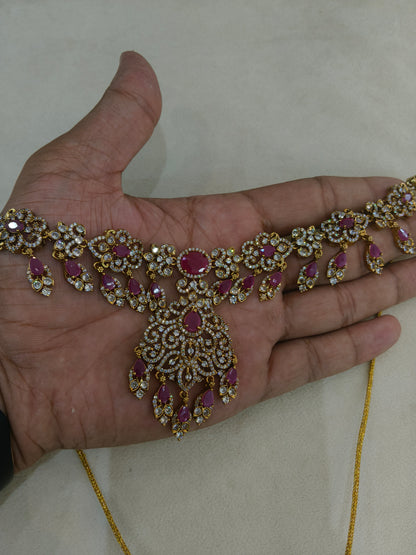 Antique Gold Majenta CZ Necklace Indian Jewellery Tyra Set