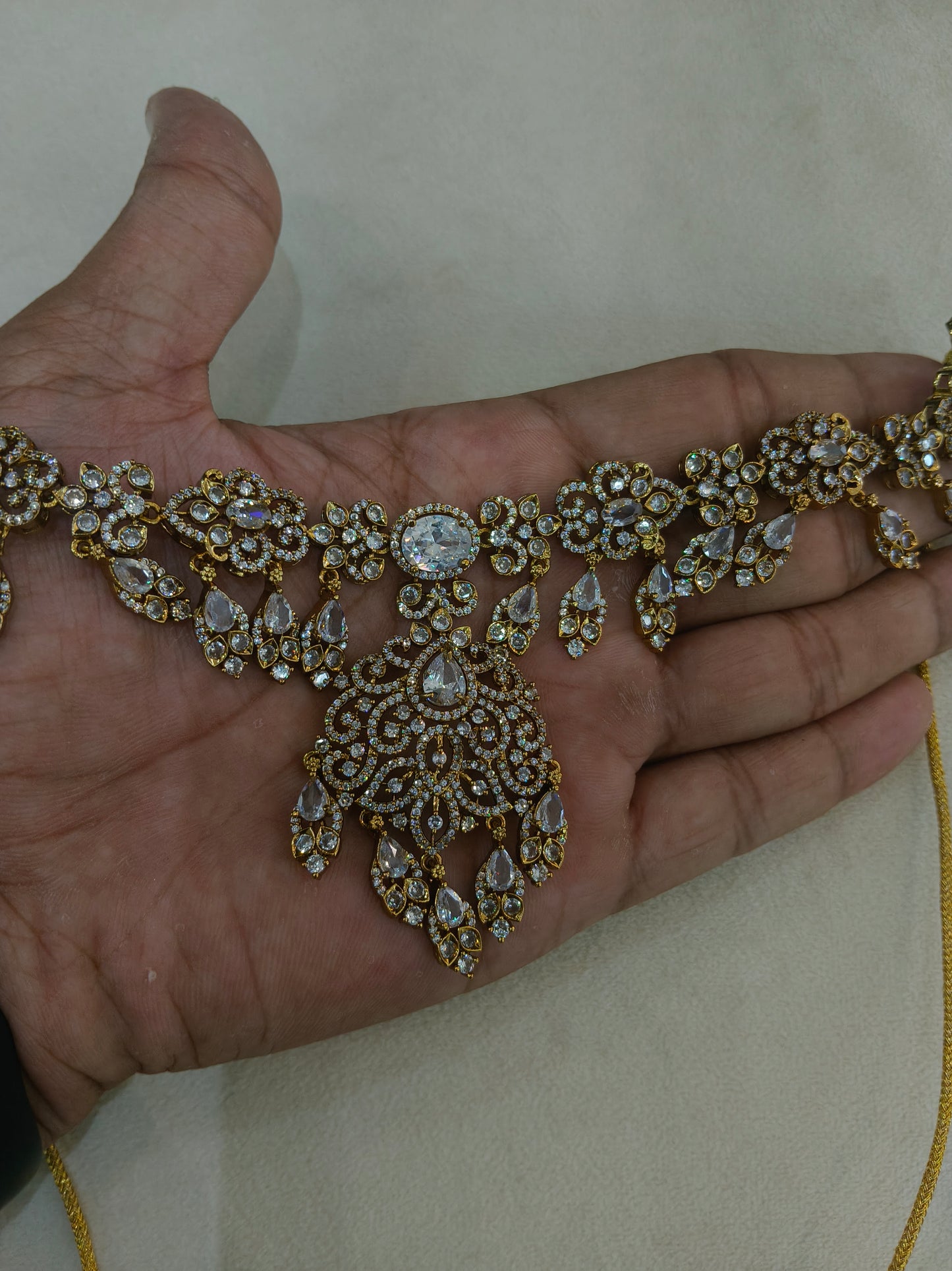 Antique Gold White CZ Necklace Indian Jewellery Tyra Set