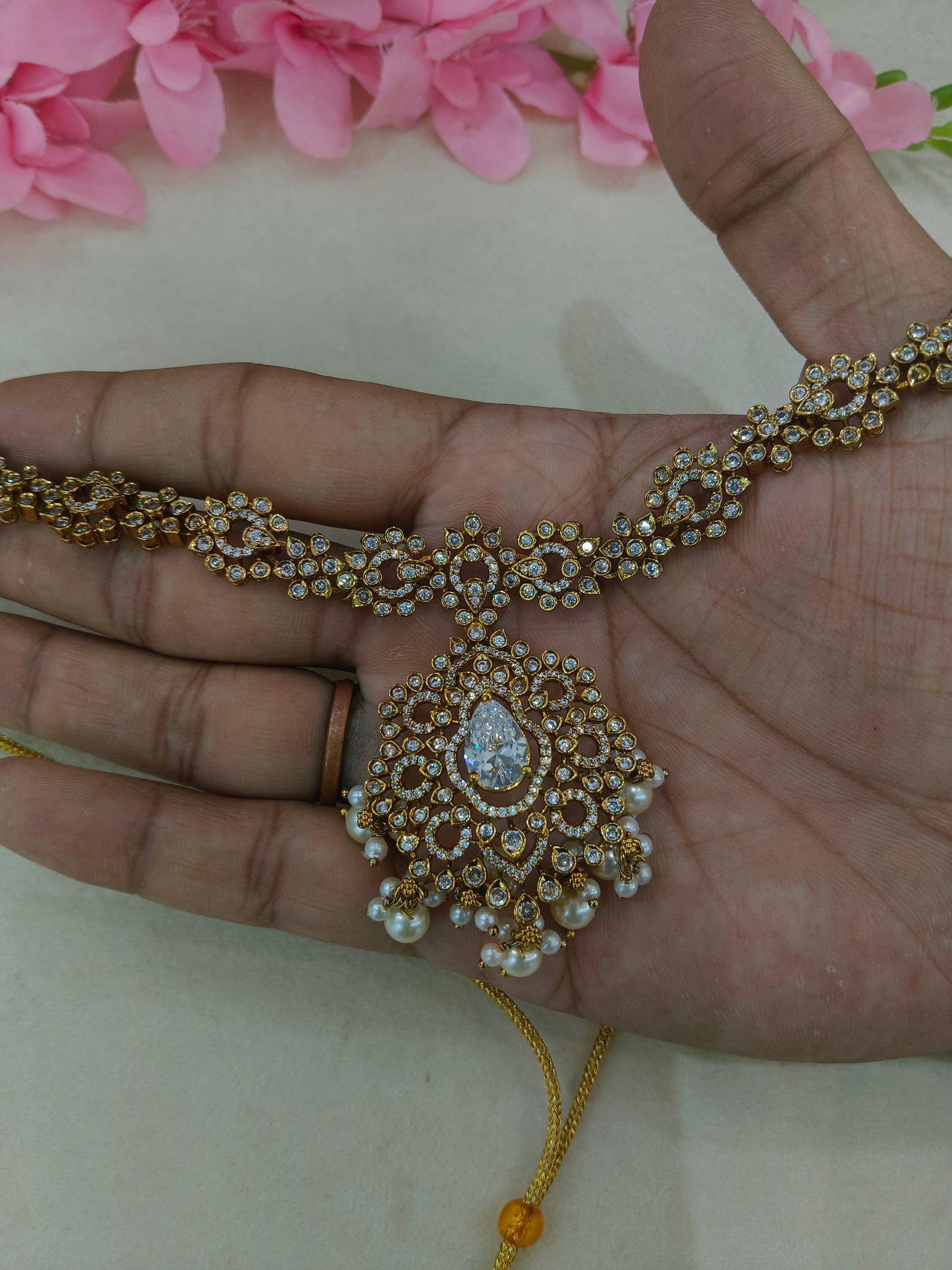 Antique Gold White CZ Necklace Indian Jewellery Beth Set