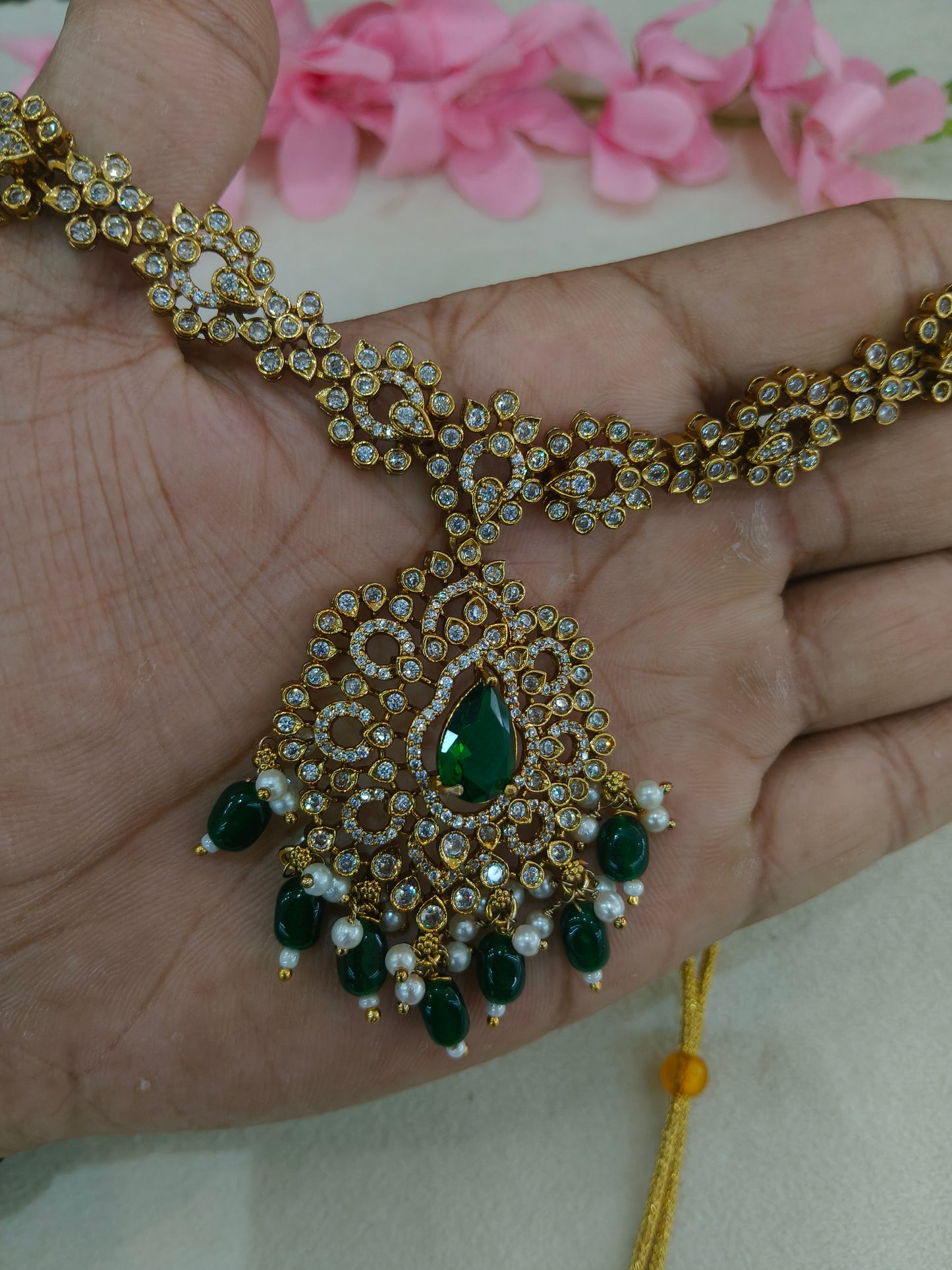 Antique Gold Green CZ Necklace Indian Jewellery Beth Set