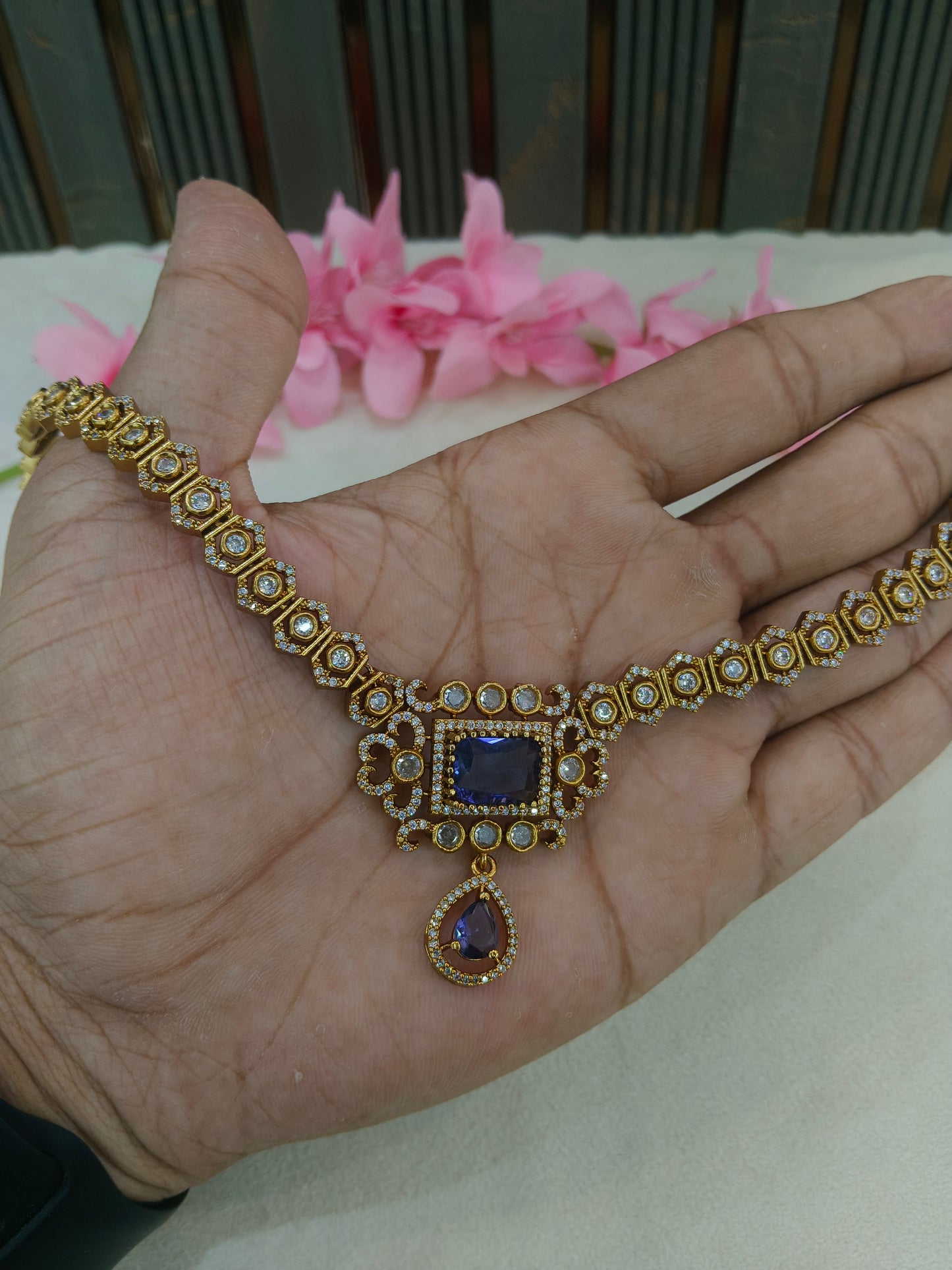 Antique Gold Purple CZ Necklace Indian Jewellery Jazi Set