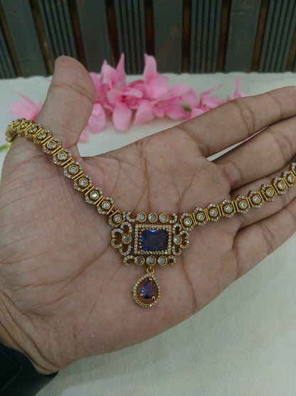 Antique Gold Purple CZ Necklace Indian Jewellery Jazi Set