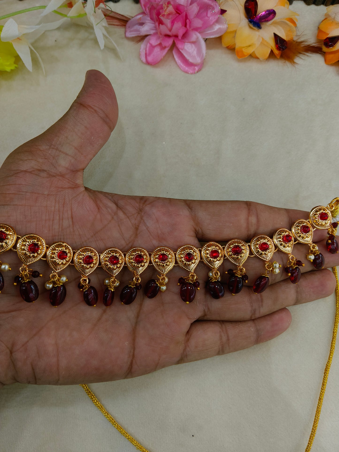 Gold Maroon Punjabi Necklace set/ Gold Necklace Tom set