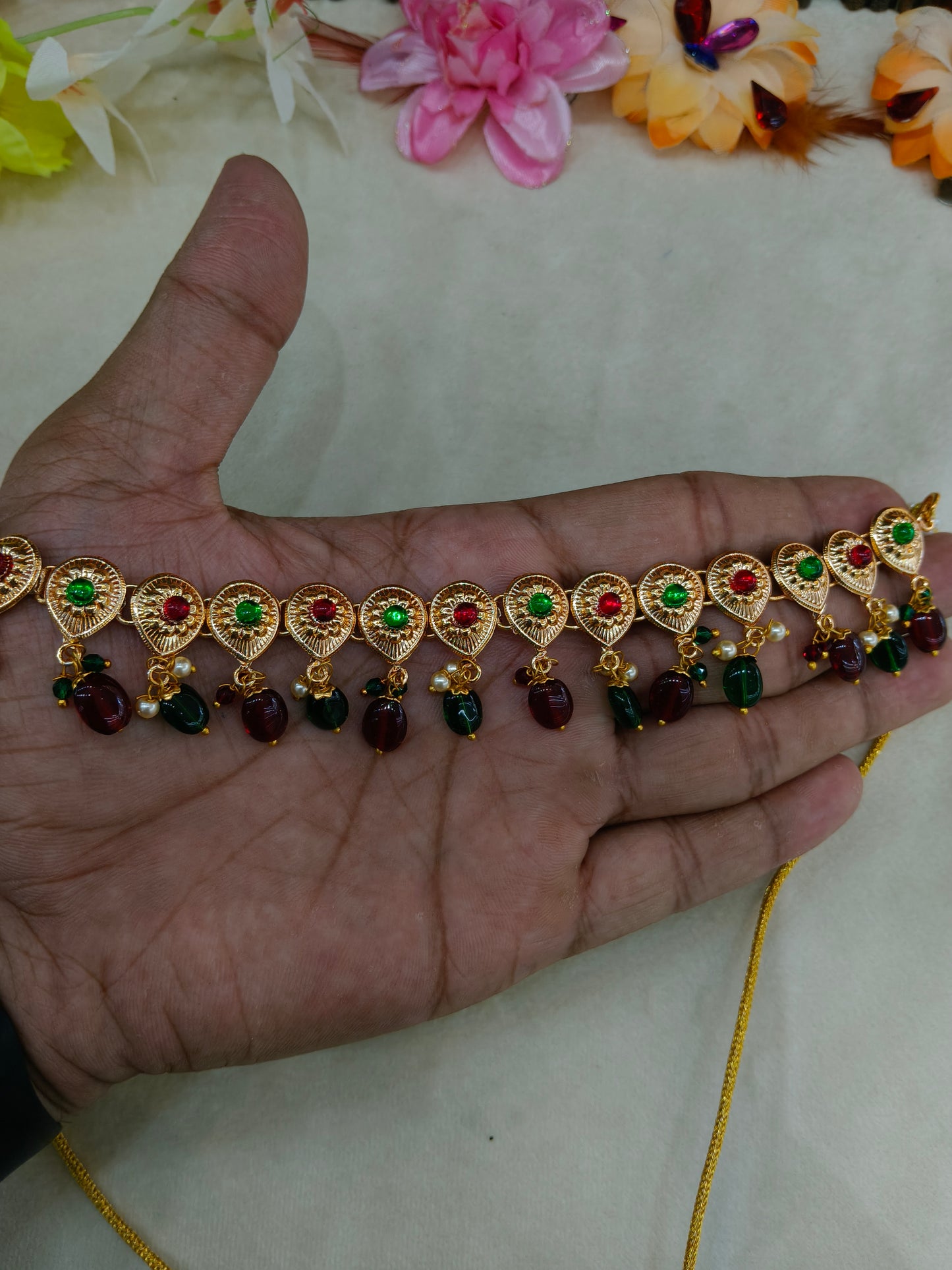 Gold Maroon Green Punjabi Necklace set/ Gold Necklace Tom set