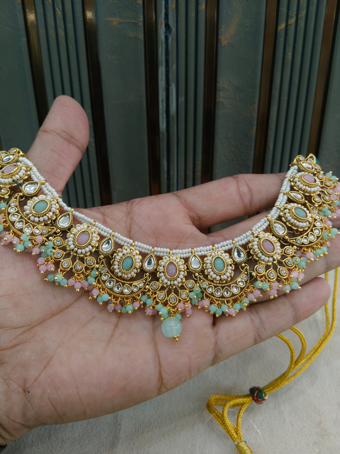 Gold Mint Pink Kundan necklace Set/ kundan Indian jewellery kundan Zina sets