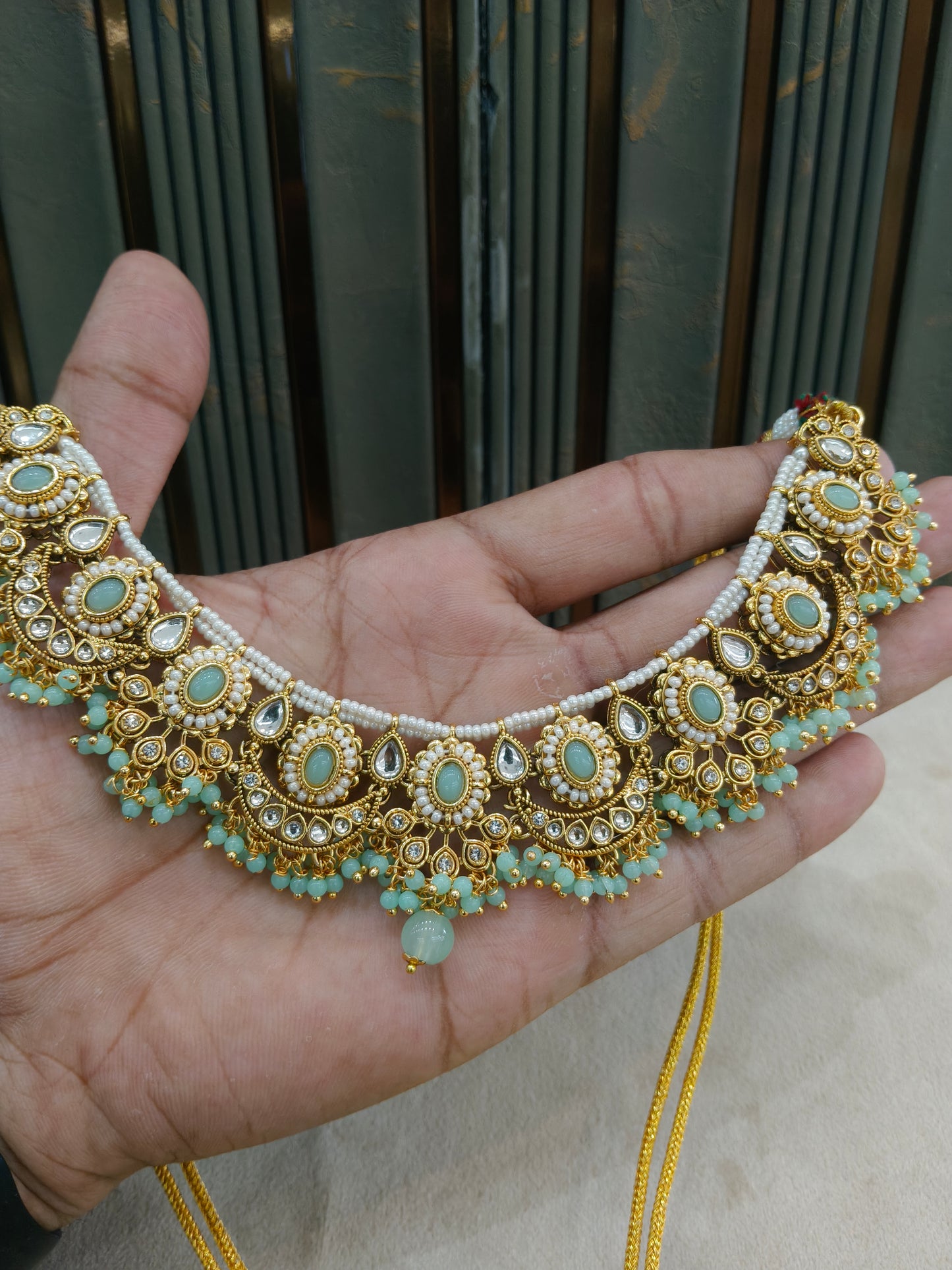 Gold Mint Kundan necklace Set/ kundan Indian jewellery kundan Zina sets