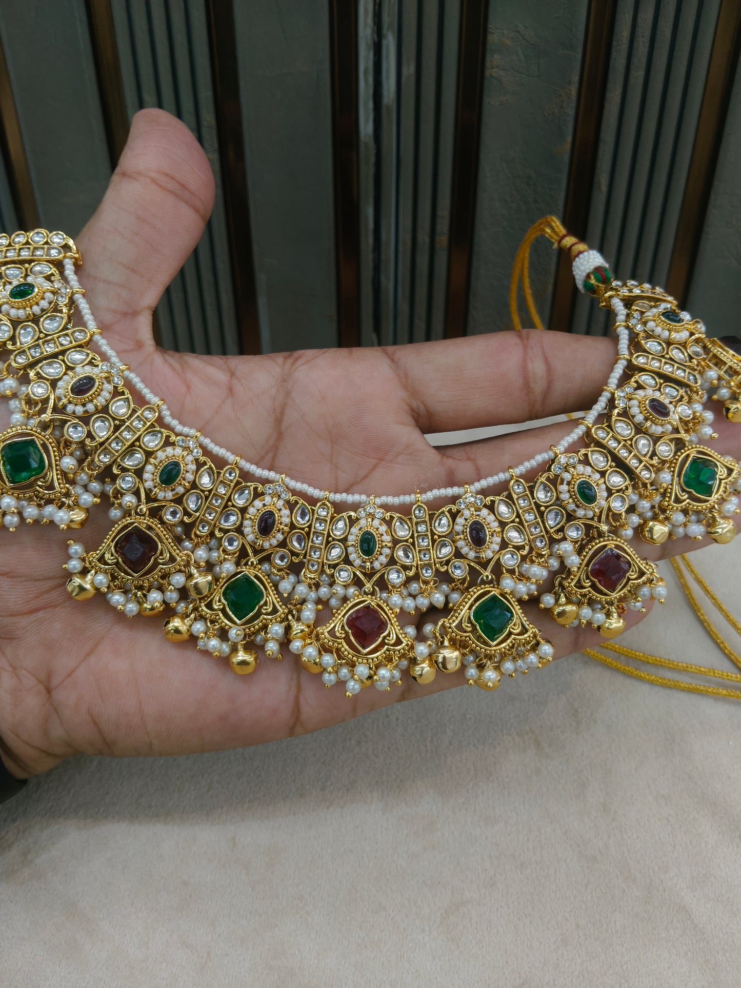 Ruby Green Kundan necklace Set/ kundan Indian jewellery kundan Awari sets