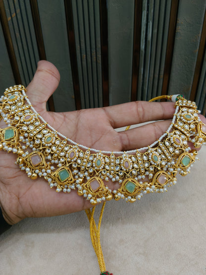 Mint Pink Kundan necklace Set/ kundan Indian jewellery kundan Awari sets