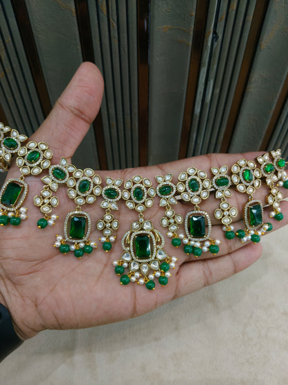 Green Moissanite Kundan Necklace Jewellery Remi Set