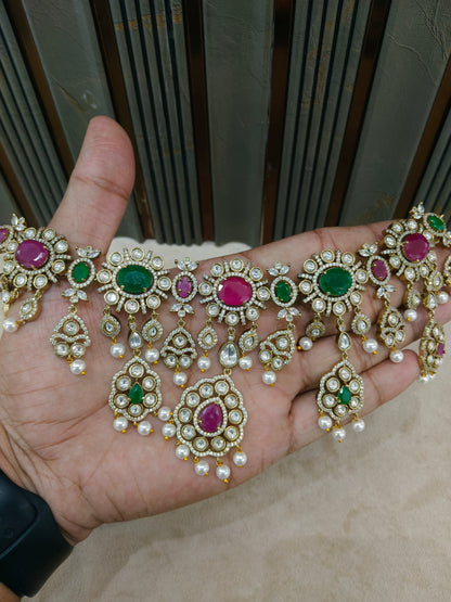 Ruby Green Moissanite Kundan Necklace Jewellery Nany Set