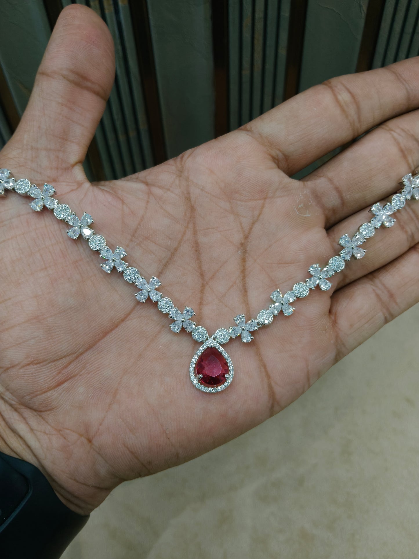 Silver Ruby American Diamond AD Necklace Mary Set