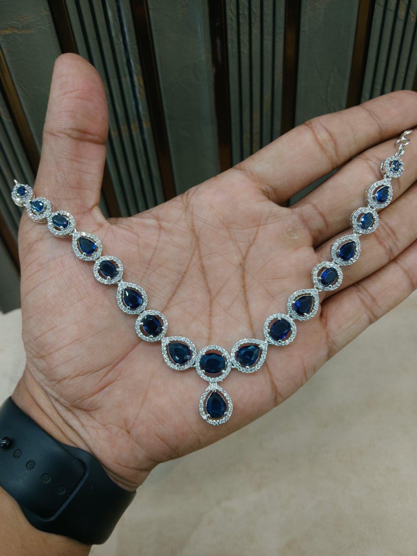 Silver Blue American Diamond AD Necklace June Set