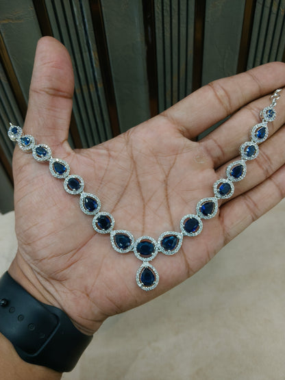 Silver Blue American Diamond AD Necklace June Set