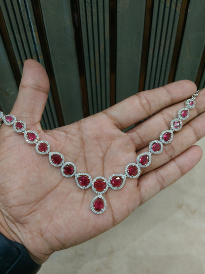Silver Ruby American Diamond AD Necklace June Set