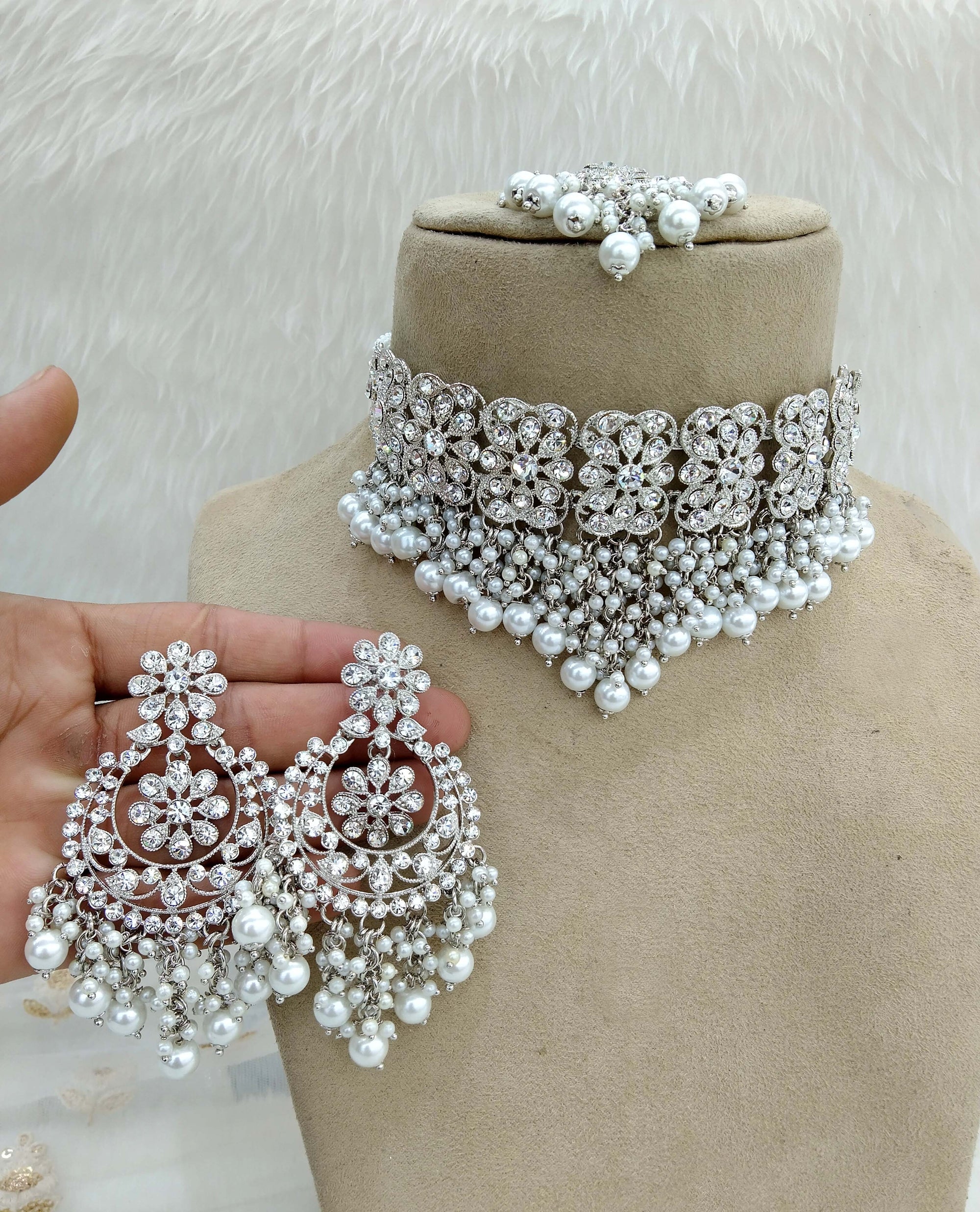 Silver Choker Silver Choker Necklace Set Bollywood Necklace Set Indi Glam Jewelrys