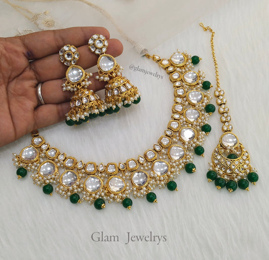 Indian Jewelry/ Gold Semi Bridal Kundan necklace Set Indian ruby, pink, sea green livingston Wedding Bridal Jewellery Necklace