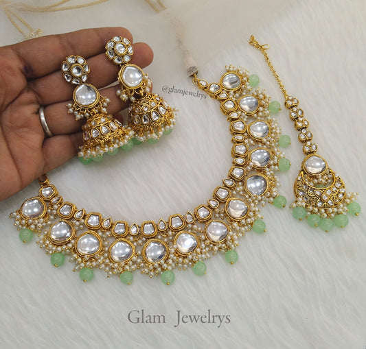 Indian  Jewellery Pista Kundan necklace Set Indian Wedding Bridal Ethnic Bridal Necklace,bridesmaids livingston set,Punjabi set