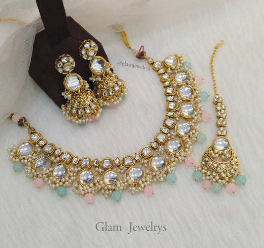 Indian Jewellery/ Gold sea green pink Semi Bridal Kundan necklace Set Indian livingston