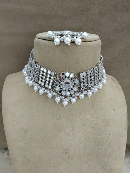 Indian Mirror  Jewellery/ Silver Kundan choker Akon Set/Bridal Bollywood Jewellery Set/Women Kundan Set