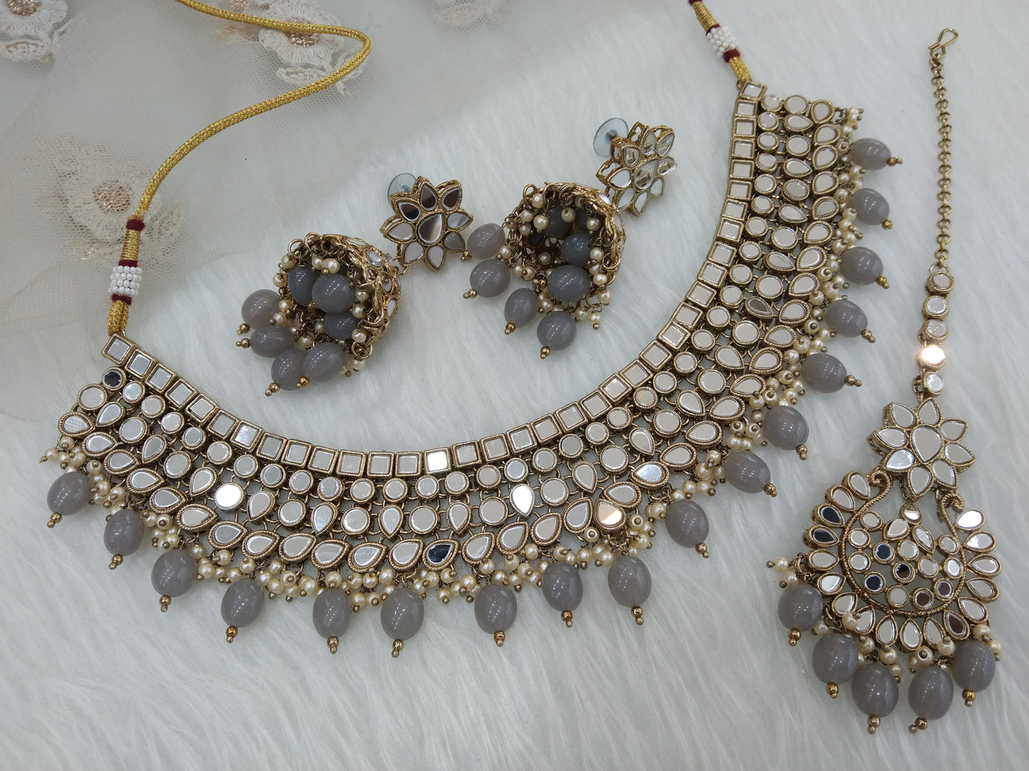 Indian  Jewellery grey mirror Kundan necklace set Bridal Wedding choker Set/ Gold Choker boost set