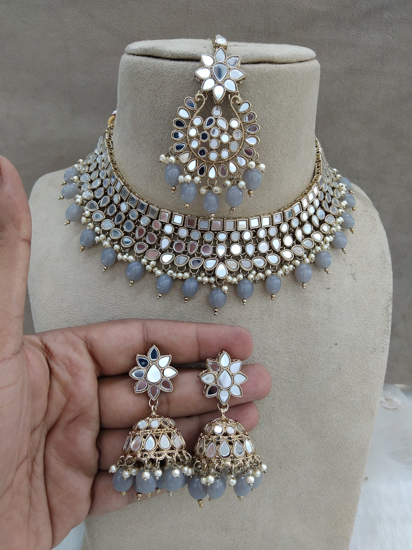 Indian  Jewellery grey mirror Kundan necklace set Bridal Wedding choker Set/ Gold Choker boost set