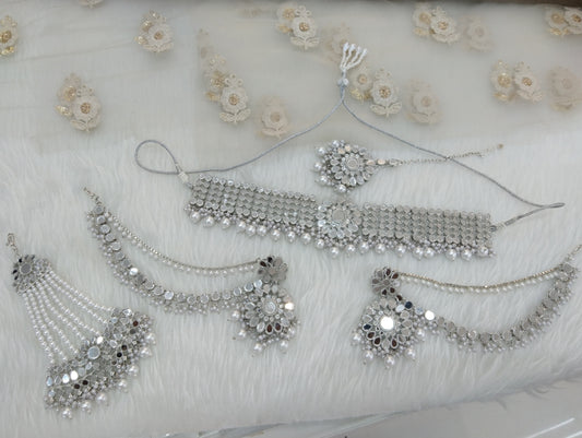 Indian Mirror  Jewellery/ Silver Kundan choker Akon Set/Bridal Bollywood Jewellery Set/Women Kundan Set