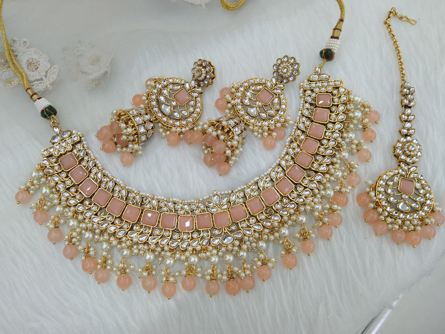 Indian Jewellery Peach Kundan Necklace Set Indian Wedding Semi Bridal Ethnic Bridal also Necklace