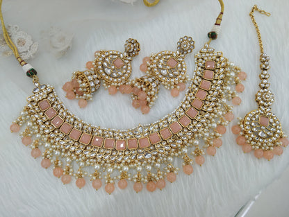 Indian Jewellery Peach Kundan Necklace Set Indian Wedding Semi Bridal Ethnic Bridal also Necklace