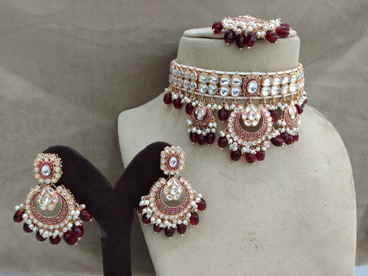 Indian jewellery kundan Choker Set /Maroon choker Earrings Set/Indian Ferry Jewellery Necklace Set