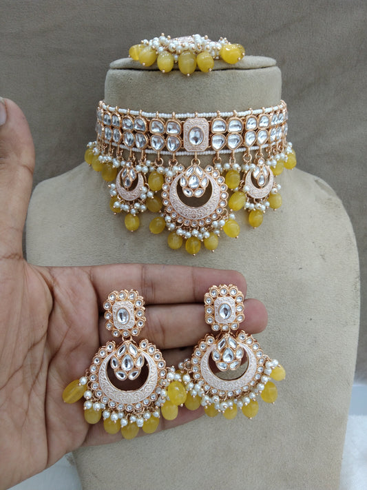 Indian jewellery kundan Choker Set /Yellow choker Earrings Set/Indian Ferry Jewellery Necklace Set