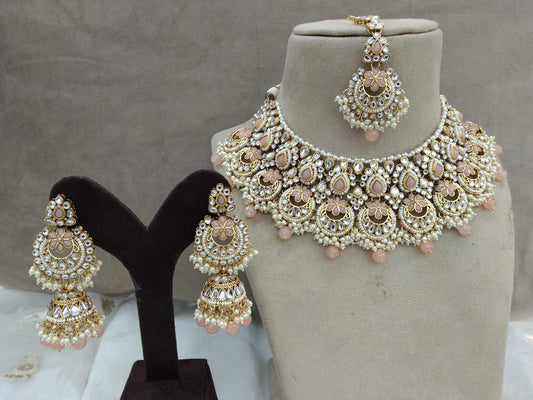 Indian Jewellery/ Gold Bridal Kundan necklace Set Indian gold peach Bridal Jewellery Harris Necklace