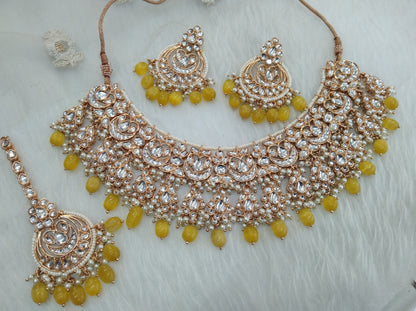 Yellow Kundan Jewellery Set/ Gold Bridal Kundan necklace Set Indian yellow Bridal Jewellery kaskade  kundan Necklace set
