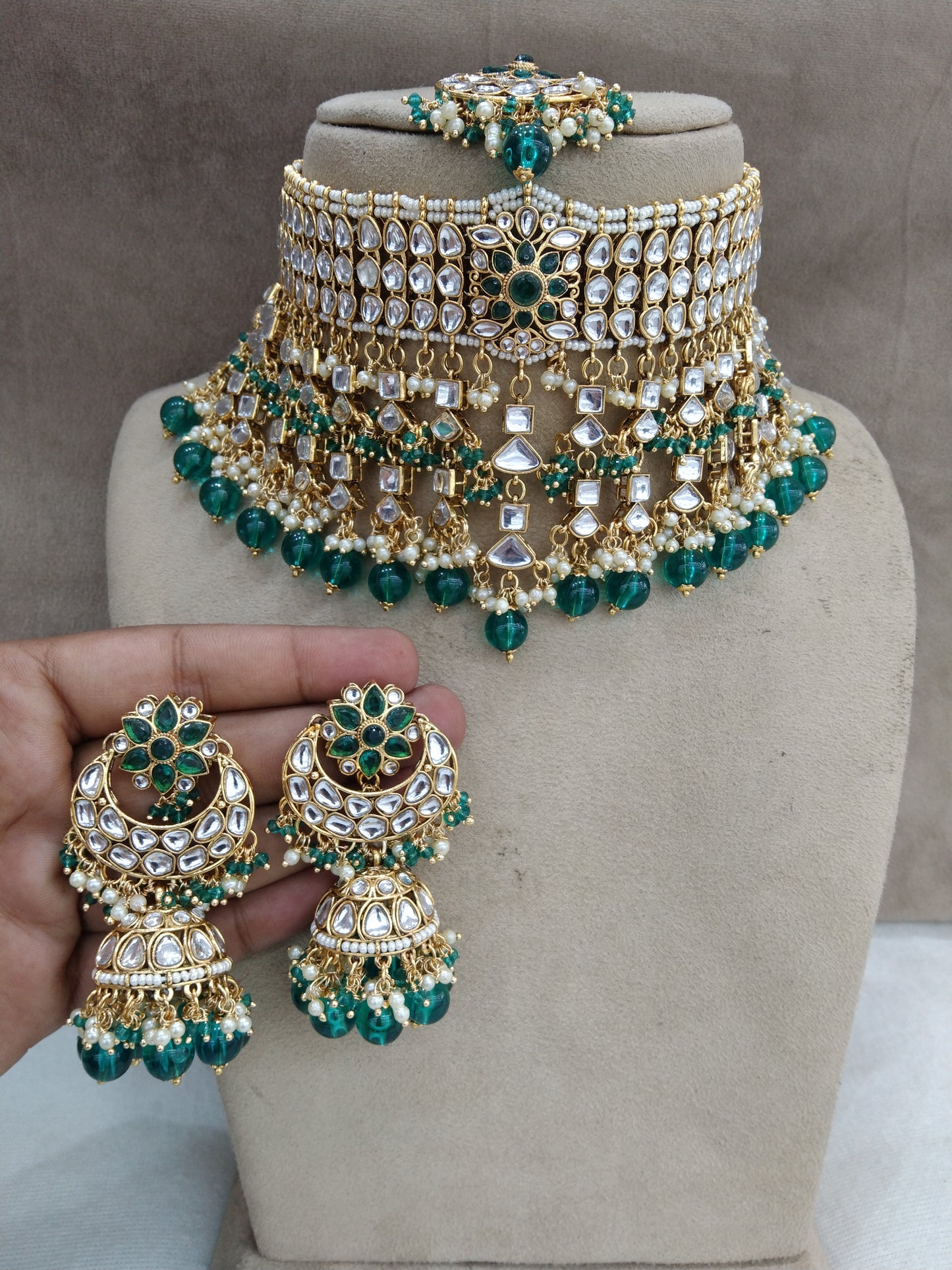 kundan Choker Set Earrings Set/Gold  Rama green choker set Indian Jewellery Necklace kura Set
