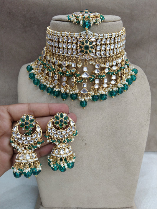 kundan Choker Set Earrings Set/Gold  Rama green choker set Indian Jewellery Necklace kura Set